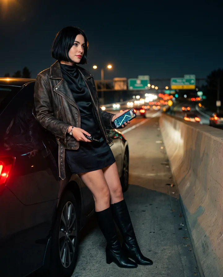A young woman in a leather jacket over a black dress leans on a car at a highway overpass at night, car keys and a phone with a map in her hands, red and white light trails streaking below