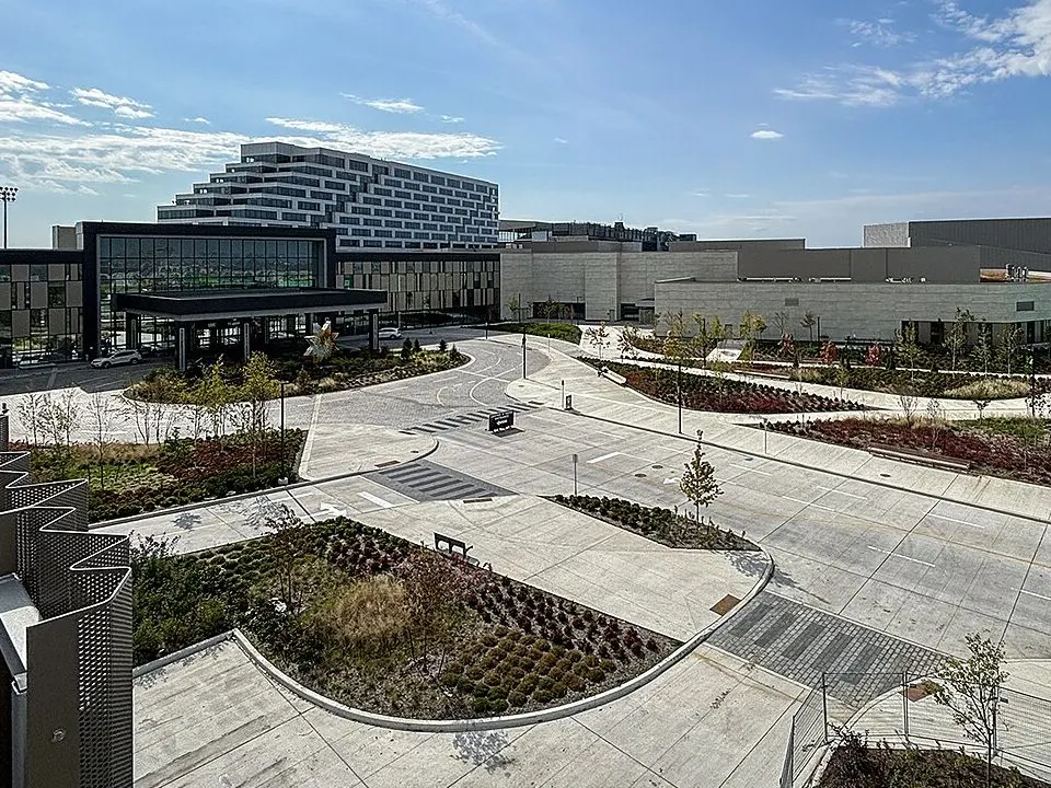 Great Canadian Casino Resort Toronto: the stepped hotel tower and the casino building behind new landscaping